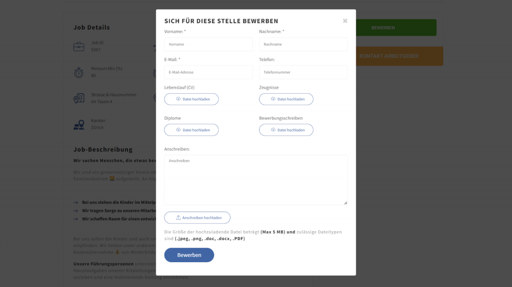 Bewerbungsformular in Joboli
